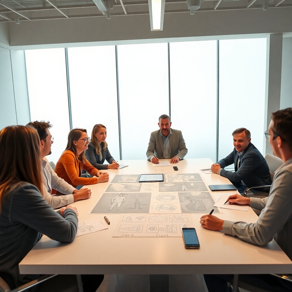 A photorealistic image of a client and a video production team having a productive meeting around a large table with a storyboard and video concept sketches. The atmosphere should be collaborative, positive, and highly professional.  Everyone appears engaged and involved in the discussion. The room should be bright and modern, designed to foster creative collaboration.  The image should capture the sense of shared enthusiasm and mutual understanding between the client and the production team, underscoring the importance of communication and teamwork in achieving a successful outcome.