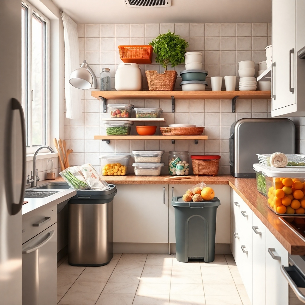 A photorealistic image of a clean, well-maintained kitchen, showcasing proper food storage in airtight containers, sealed trash cans, and a spotless environment that is clearly pest-resistant. The image should exude cleanliness and order, with natural light and a warm, inviting atmosphere. High-detail, 8k resolution, sharp focus, realistic lighting, and natural colors are essential.