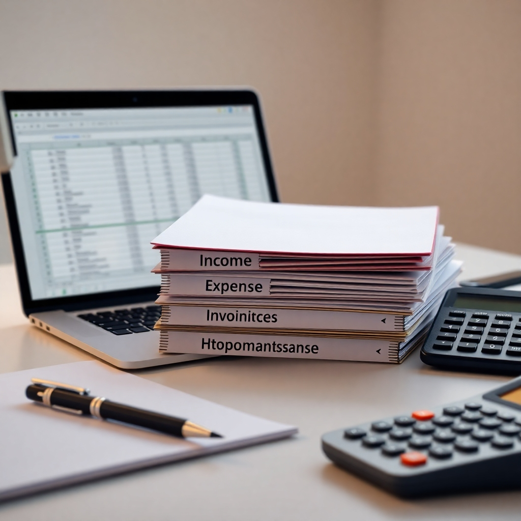 A photorealistic image of a clean, organized workspace with a laptop displaying a spreadsheet, neatly stacked files labeled 'Income', 'Expenses', and 'Invoices', a pen, and a calculator. The overall mood should be one of calm efficiency and orderliness.  The lighting should be soft and natural, highlighting the organization.