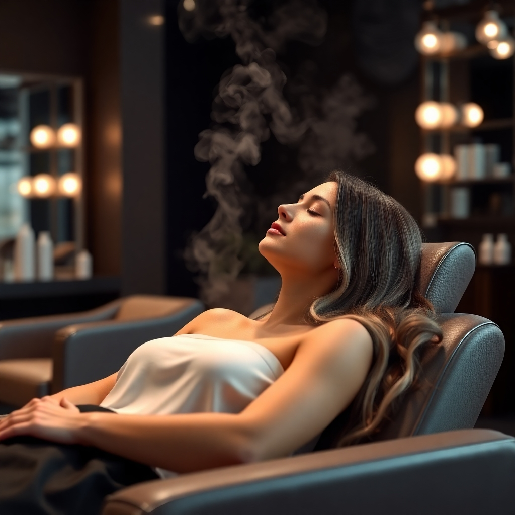 A photorealistic image of a client relaxing in a comfortable chair at a hair salon, receiving a deep conditioning hair treatment. The image should focus on the steam rising from the hair, highlighting the moisturizing effect of the treatment. The salon should have a relaxing and spa-like atmosphere.  The client should appear relaxed and pampered.