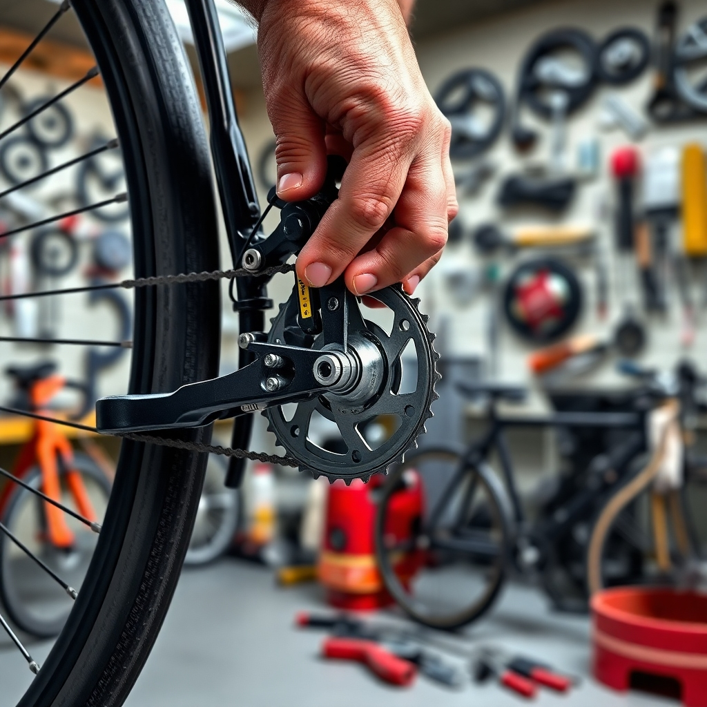 A photorealistic image of a close-up shot of a skillful bike mechanic's hands meticulously working on a bicycle derailleur, showcasing various tools and the intricate details of the repair process. The background should be a well-organized and clean workshop with various bike parts visible. Lighting should be bright and even, highlighting the mechanic's expertise.