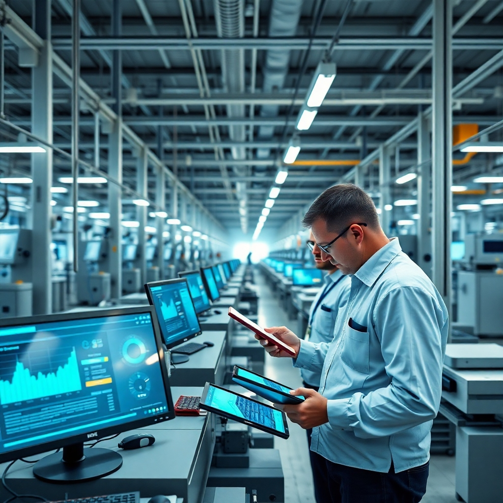 A photorealistic image of a clean, organized, and modern factory or office space. Production lines are smooth and efficient. Workers are collaborating on tablets and computers with digital dashboards displaying key metrics such as productivity and efficiency. The lighting should be bright and airy, conveying a sense of streamlined operations. A subtle glow on some of the high-tech equipment may further emphasize efficiency and advanced technology.