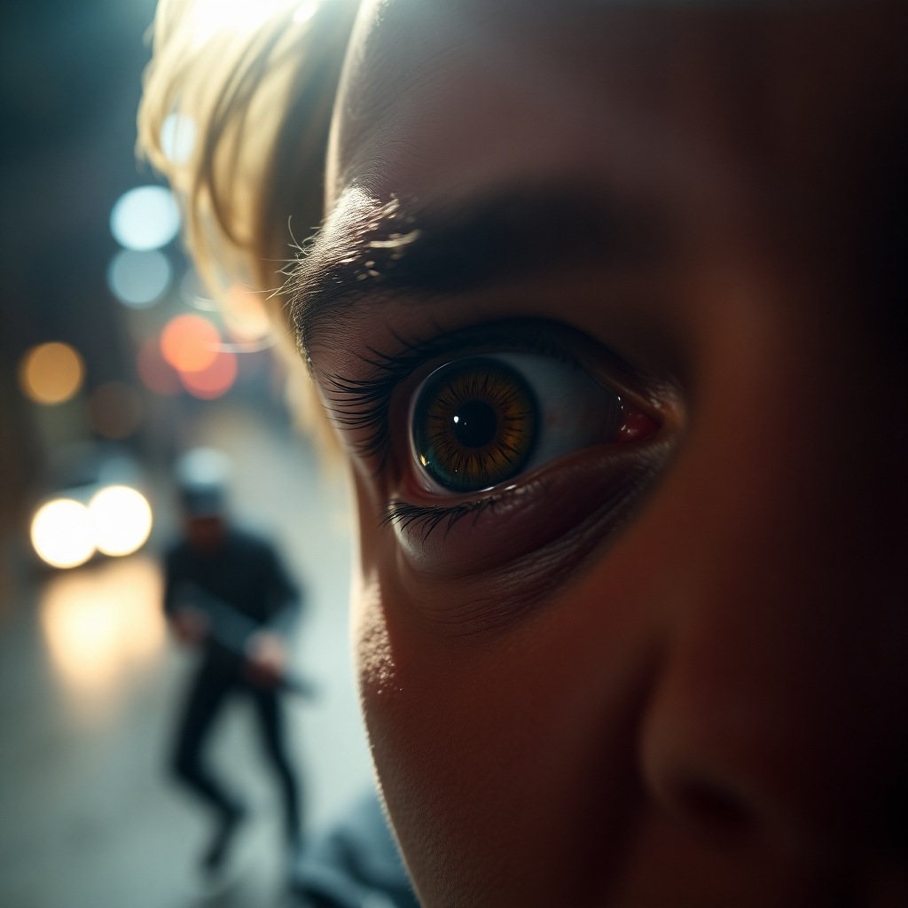 A photorealistic image of a close-up shot of a person's eye widening in surprise, as if reacting to something shocking or incredibly interesting,  set against a blurry background suggesting movement and action. The lighting should be dramatic, with a strong light source highlighting the eye and creating a sense of intrigue. The overall mood should be one of excitement and anticipation.