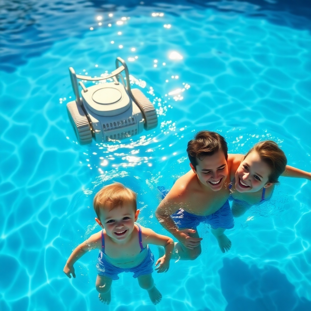A photorealistic image of a clear, blue swimming pool with a pool cleaner working efficiently in the background, sunlight reflecting beautifully on the water's surface. Show a family happily swimming in the pool in the foreground, showcasing the benefits of regular pool cleaning and maintenance. The overall scene should convey a sense of relaxation and cleanliness.