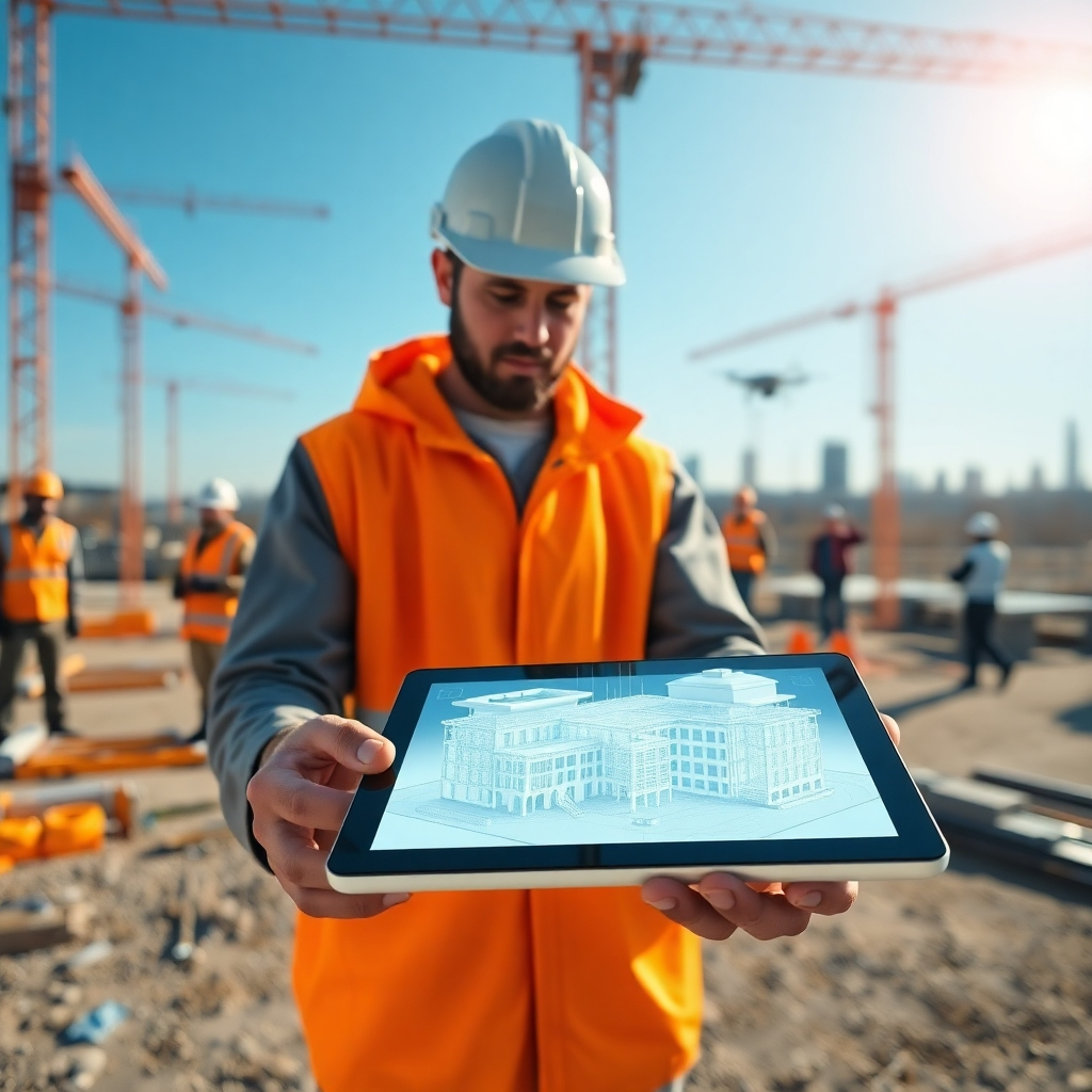 A photorealistic image of a construction manager reviewing a holographic 3D model of a building on a tablet, showcasing real-time data from IoT sensors overlaid on the model. The background should include a bustling construction site with workers using modern technologies such as drones for surveying. The image should emphasize efficiency and technological integration in a construction setting.