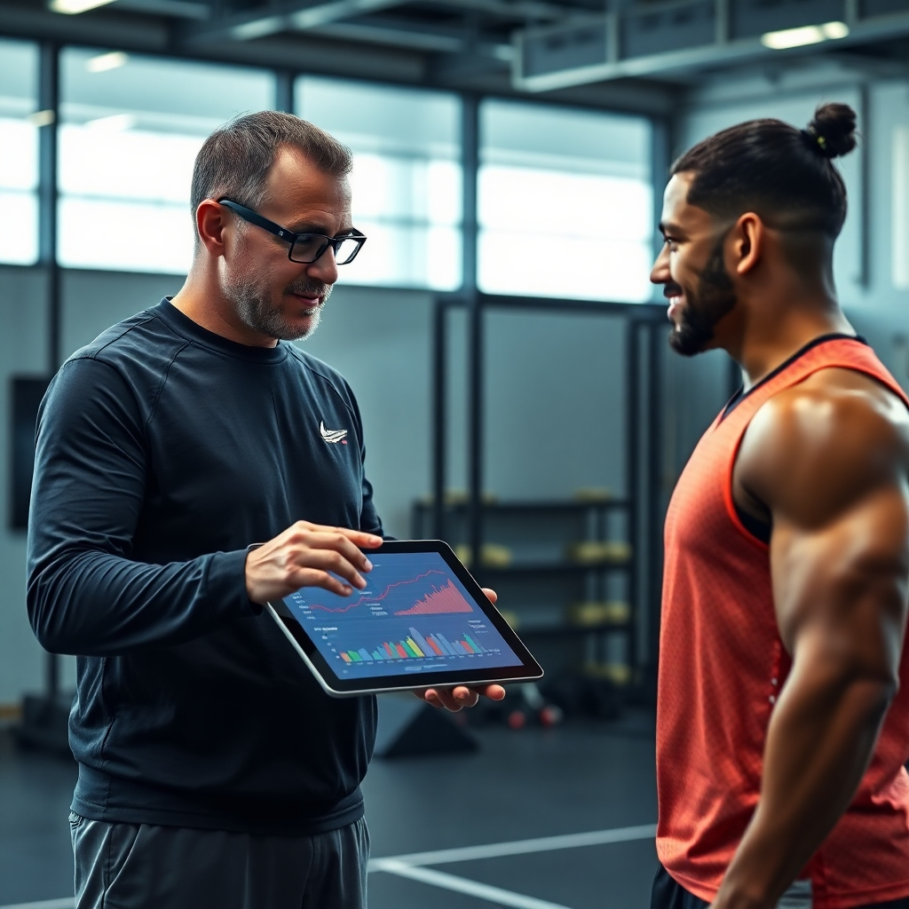 A photorealistic image of a coach using a digital tablet showing performance data and charts, while providing positive feedback to an athlete. The setting could be a modern sports lab or training facility. The image should project a sense of collaboration and improvement through data analysis. High-quality, detailed image showing the technology and coach-athlete interaction is important.