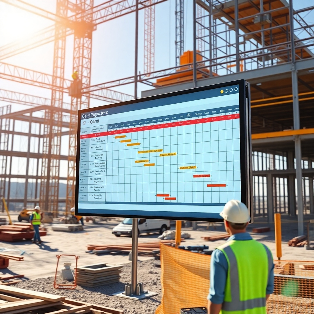 A photorealistic image of a construction site with a large digital screen displaying a detailed Gantt chart, showing various project phases and timelines.  Workers are visible in the background, actively working on different parts of the construction. The overall setting should be bright and sunny, emphasizing productivity and organization.