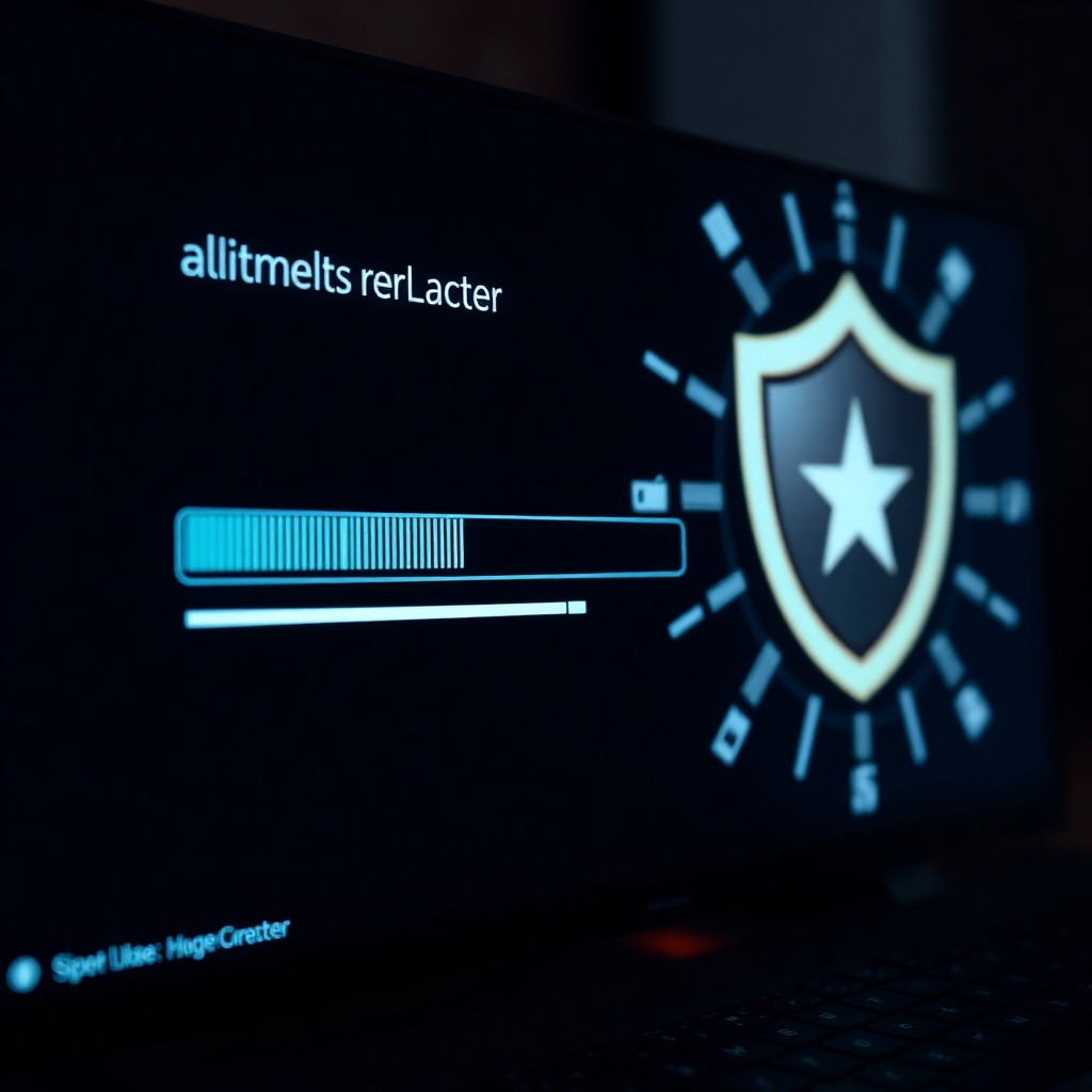 A photorealistic image of a computer screen displaying a progress bar for a software update, with a graphic in the background depicting a shield protecting data from viruses and malware. The image should be sharp, clear, and professionally lit. The overall mood should be one of confidence and protection.