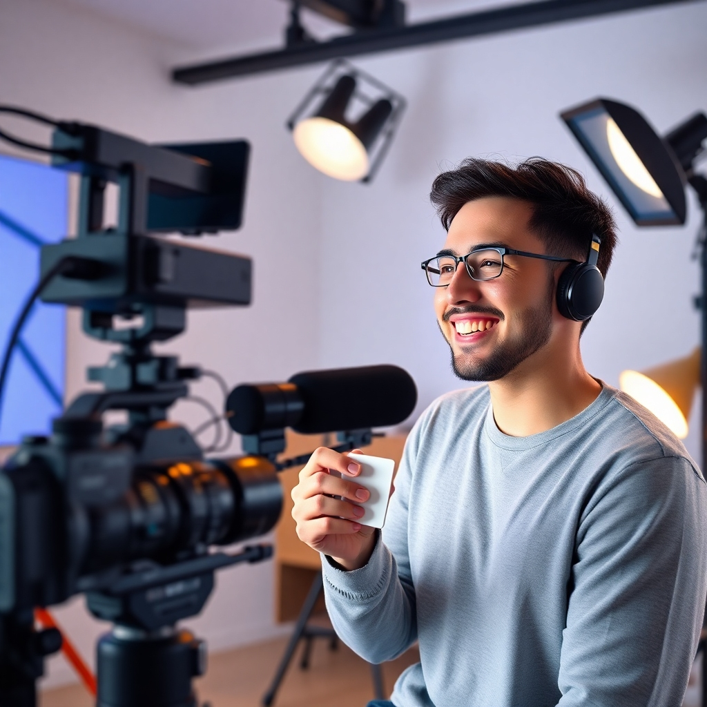 A photorealistic image of a content creator smiling while filming a product review video in a well-lit, modern home studio. The background is clean and minimal, and the creator is surrounded by high-quality equipment, including a professional camera, microphone, and lighting setup. The product being reviewed is clearly visible and looks appealing.