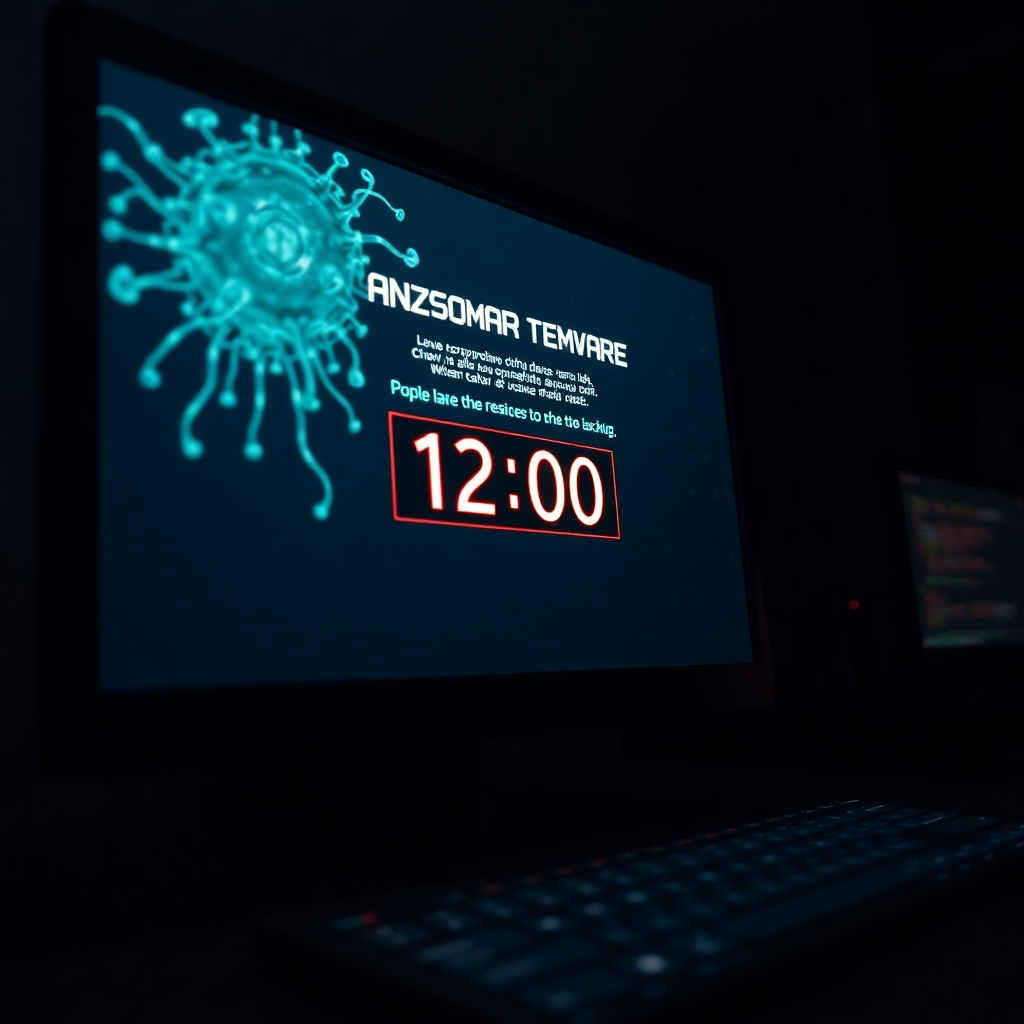 A photorealistic image of a computer screen displaying a ransomware message with a countdown timer. The image should show a digital representation of a virus, tentacles or complex code consuming the computer data, in a dark and suspenseful setting.