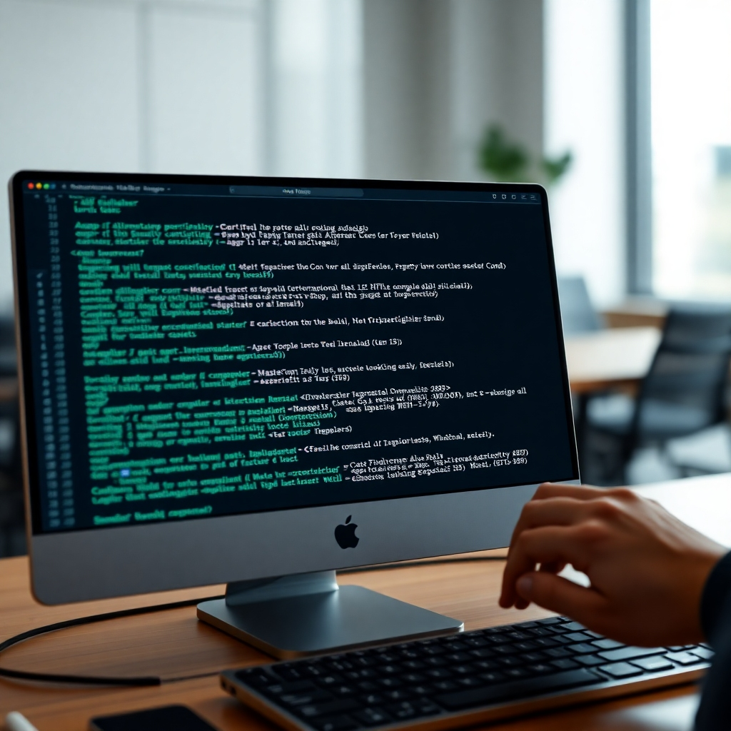 A photorealistic image of a computer screen displaying clean, well-formatted HTML code, with a hand reaching to type on the keyboard. The background should be a blurred image of a modern, minimalist office.
