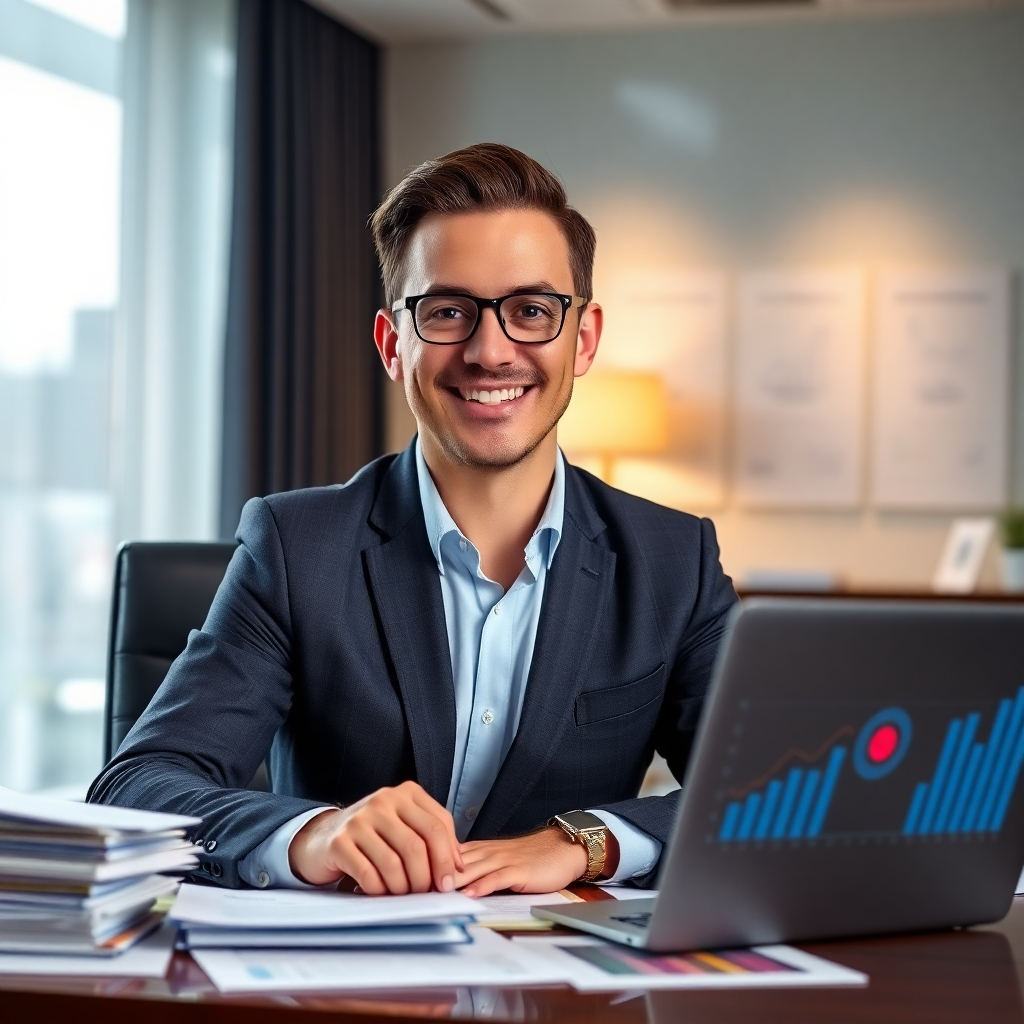 A photorealistic image of a confident insurance broker sitting at their desk, surrounded by various insurance policy documents and a laptop displaying graphs related to risk assessment and insurance coverage. The background should be a modern, professional office setting. The broker should appear friendly and approachable, wearing a business suit.