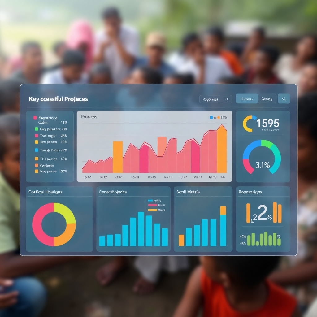 A photorealistic image of a data visualization dashboard displaying key performance indicators (KPIs) related to a successful community project.  Use vibrant colors and clear charts to showcase progress towards goals, using specific numbers and metrics to demonstrate impact.  The background should be a blurred image of the community benefiting from the project.