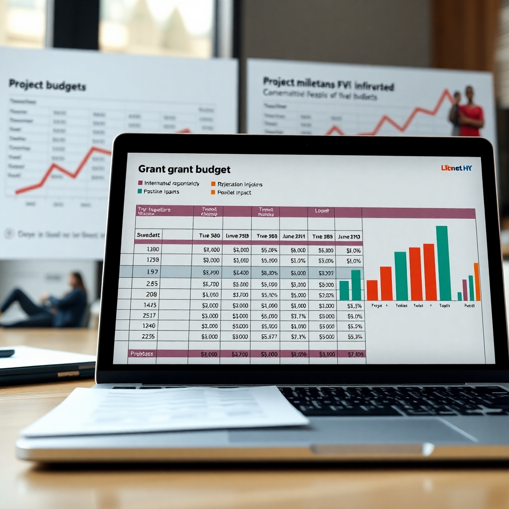 A photorealistic image of a detailed grant budget spreadsheet on a laptop screen, alongside a chart illustrating project milestones and anticipated impact.  The background should include subtle elements that represent both fiscal responsibility and the positive impact of the project, like a graph showing positive growth or images that reflect the project's mission. The image should exude professionalism and clarity.