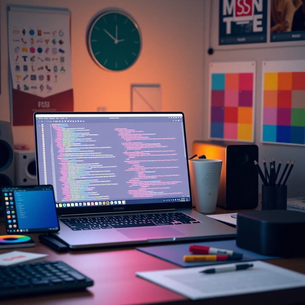 A photorealistic image of a designer's workspace with a laptop displaying colorful CSS code, alongside design mockups, color palettes, and various design tools.  The lighting should be soft and natural.