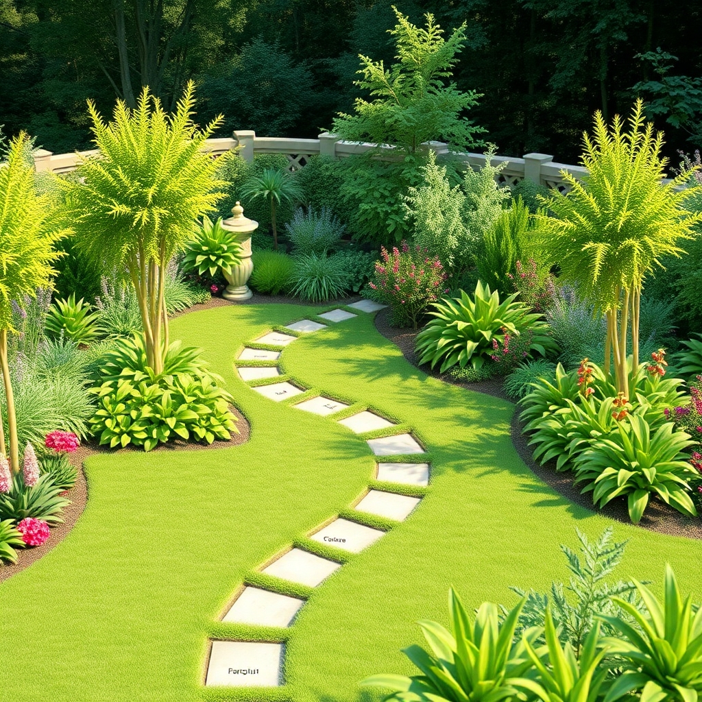 A photorealistic image of a detailed garden blueprint overlaid on a lush, thriving garden.  The blueprint should show clearly defined pathways, plant placements (labeled with plant names), and distinct garden sections.  The overlay should blend seamlessly, showing the successful implementation of the plan.