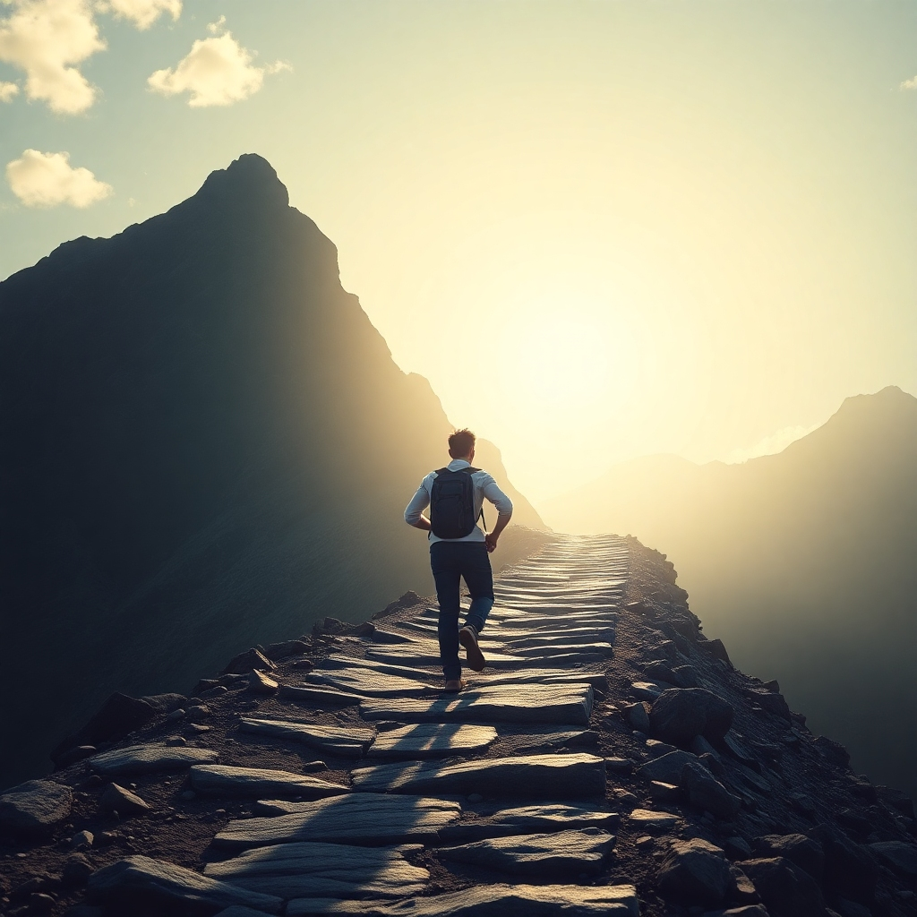 A photorealistic image of a determined person confidently striding forward on a path that leads upward towards a bright, sunlit peak. The path should be challenging, with some obstacles along the way (like rocks or a steep incline), symbolizing career hurdles. The overall mood should be positive and hopeful.