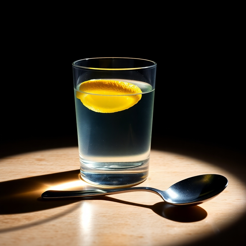 A photorealistic image of a detailed still life featuring a glass of water, a lemon, and a silver spoon, showcasing a dramatic interplay of light and shadow; sharp highlights, deep shadows, and realistic reflections; the scene is lit from a single, strong light source, creating a chiaroscuro effect; hyperrealistic rendering with detailed textures and reflections.