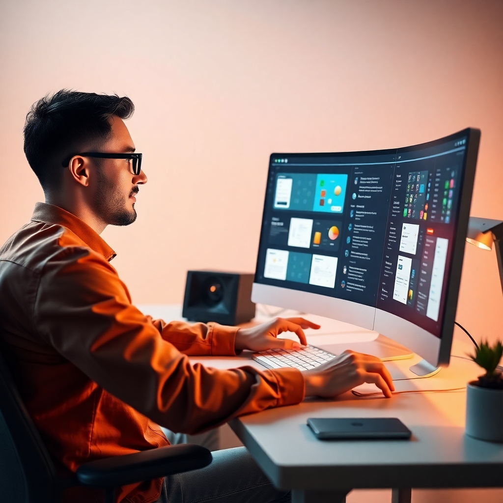 A photorealistic image of a designer working on a computer, using a UI design tool powered by generative AI.  The screen should clearly show the AI suggesting design elements, variations of layouts, or generating assets such as illustrations or icons based on text prompts.  The designer should look relaxed and efficient, highlighting the time-saving benefits of the technology.  The lighting should be bright and modern, emphasizing the innovation of the tool.