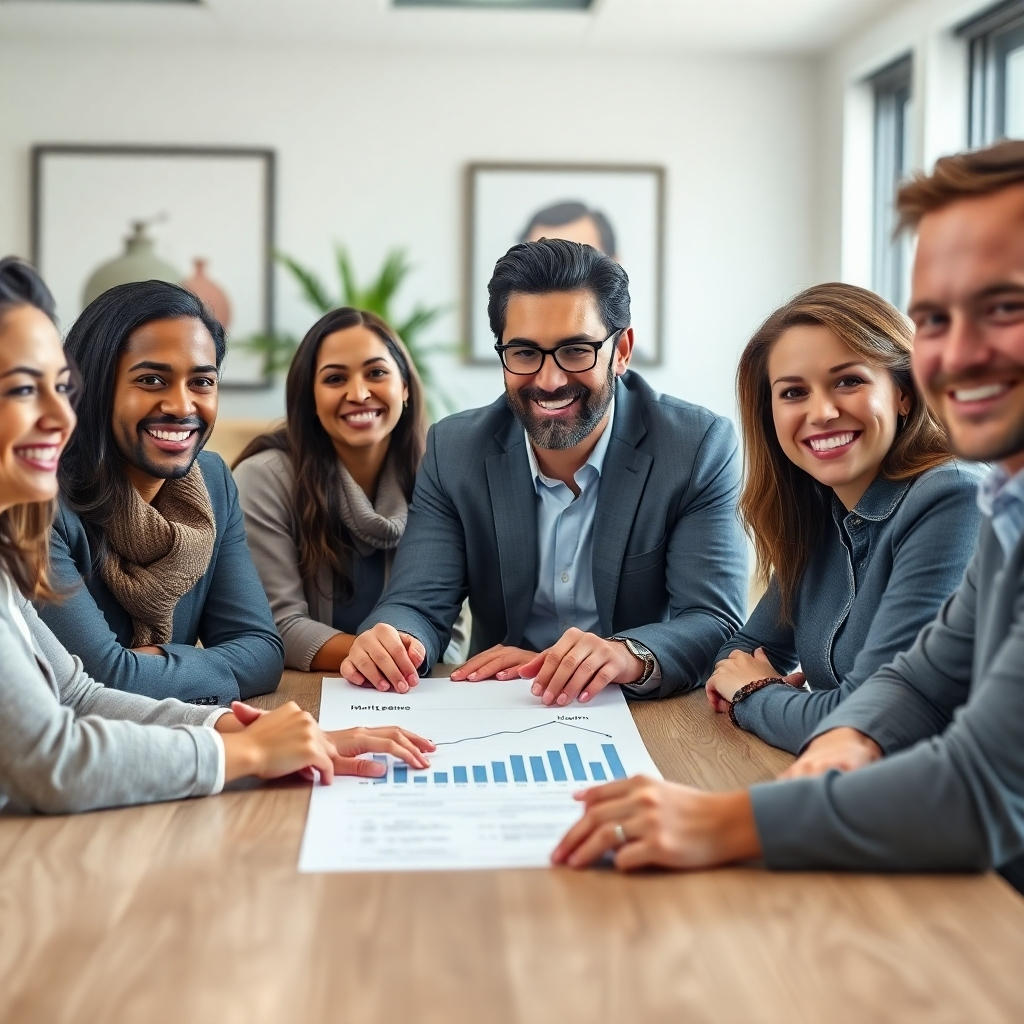 A photorealistic image of a diverse group of happy people sitting around a table with a mortgage broker, who is smiling and gesturing towards a document showing a house and a graph illustrating loan terms. The setting should be a modern, well-lit office with professional decor.  The expressions on the faces of the people should convey trust, confidence, and satisfaction.  High resolution and detailed.