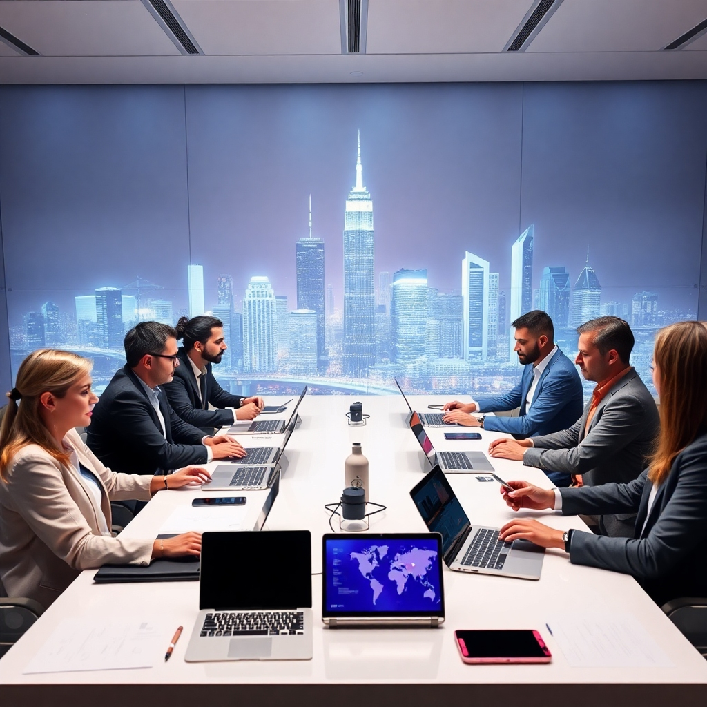 A photorealistic image of a diverse team of IT consultants collaborating around a large table, a futuristic city skyline projected on the wall behind them, and various technological devices such as laptops, tablets, and smartphones neatly arranged on the table. The scene should evoke a sense of innovation and strategic planning, with a focus on collaboration and futuristic technologies.