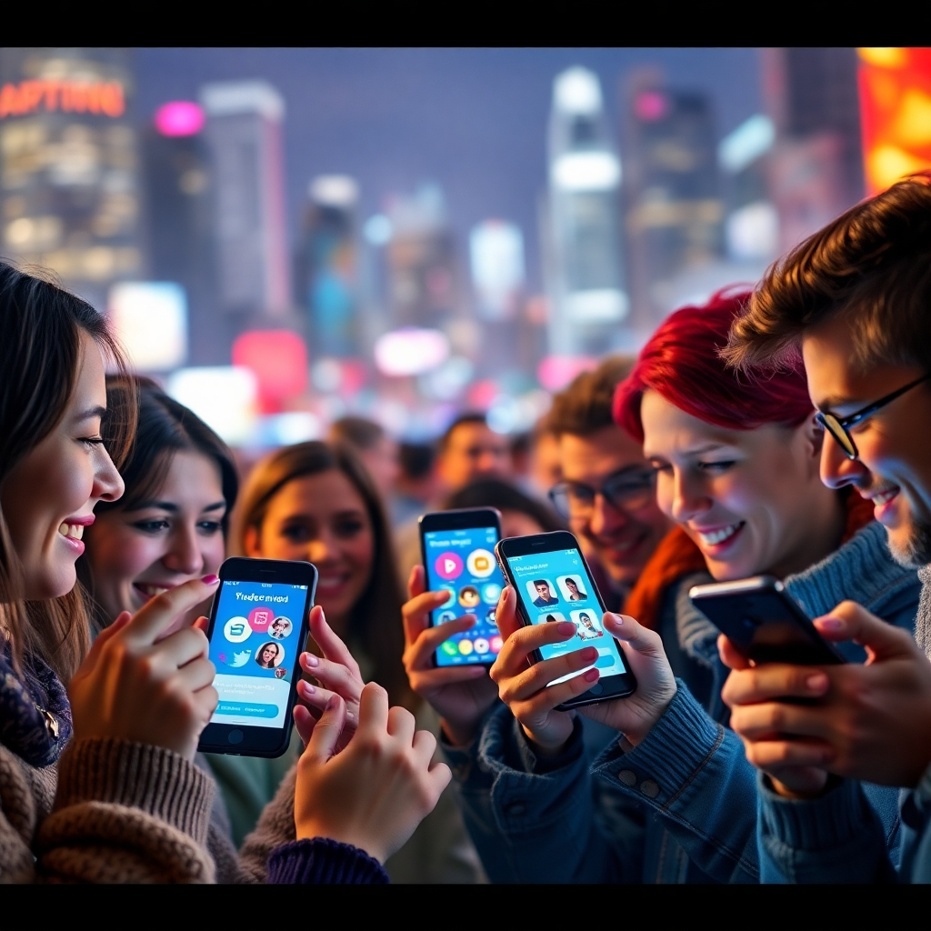 A photorealistic image of a diverse group of people of different ages and backgrounds looking at their smartphones, each phone displaying different social media platforms. The background should be a blurred, vibrant cityscape, emphasizing the connection between the audience and technology.  The overall mood should be positive and engaging.