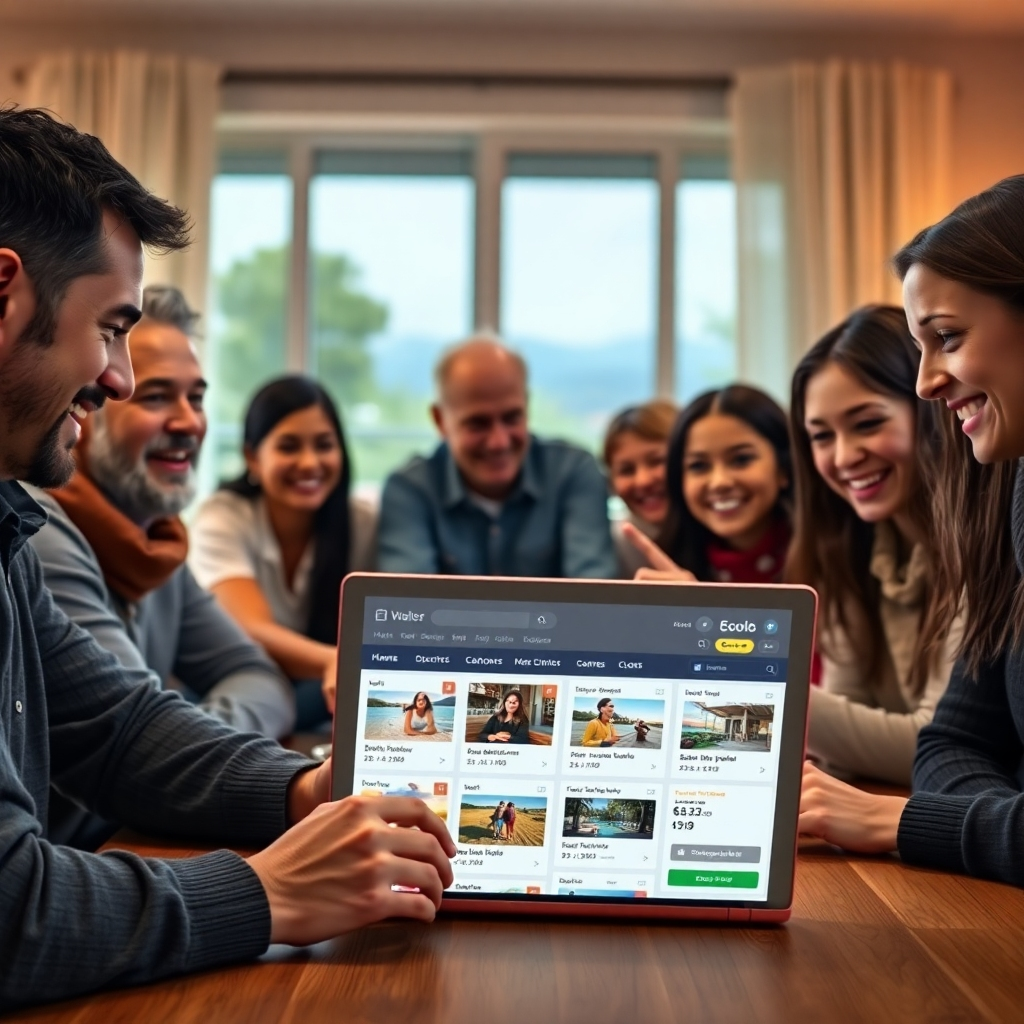 A photorealistic image of a diverse group of friends and family happily gathered around a table, looking at a laptop showcasing a travel booking website with multiple hotel options and significant discounts. The setting should be a cozy and inviting living room, emphasizing connection and shared excitement. The background should be slightly blurred to keep the focus on the group.
