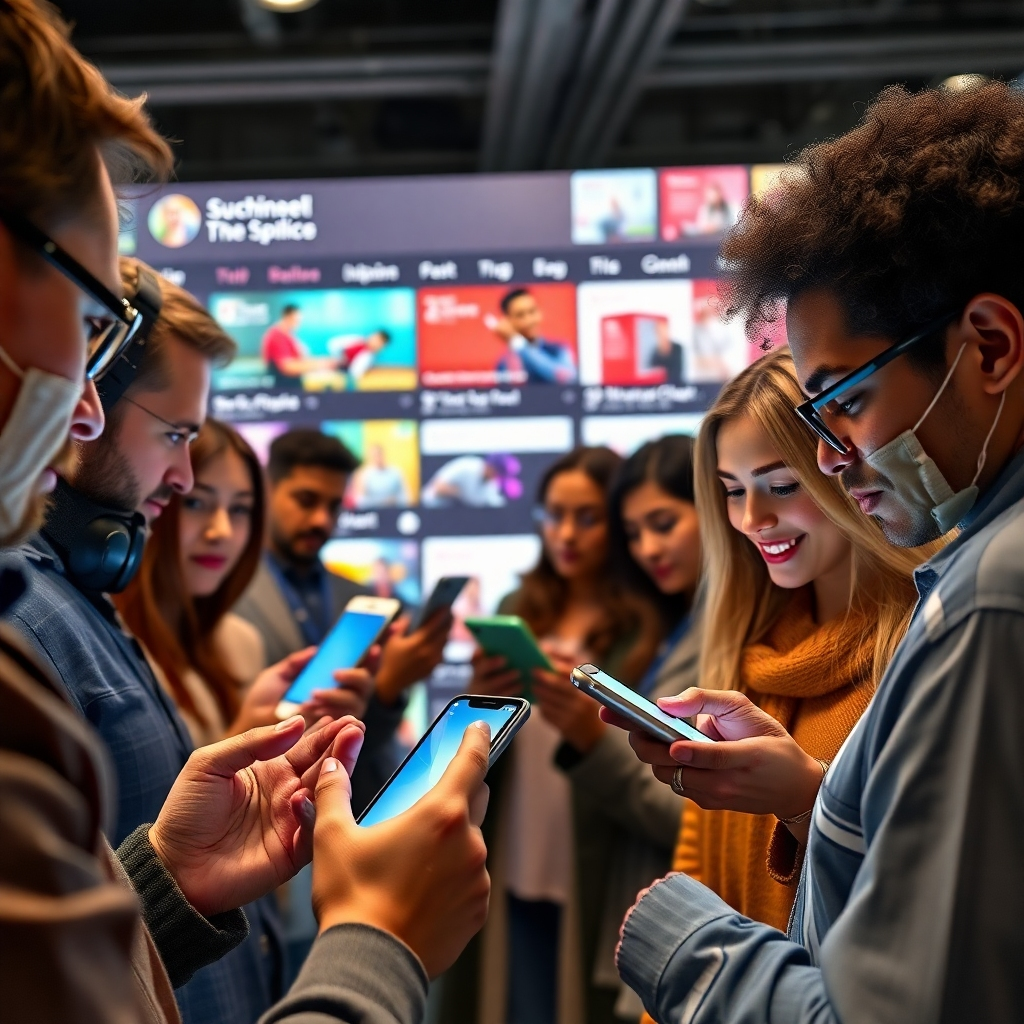 A photorealistic image of a diverse group of people actively engaging with a company's social media posts on their smartphones and tablets.  The background should feature a vibrant and modern social media feed showcasing various forms of engaging content including videos, images, and interactive polls. The overall mood should be positive and energetic.