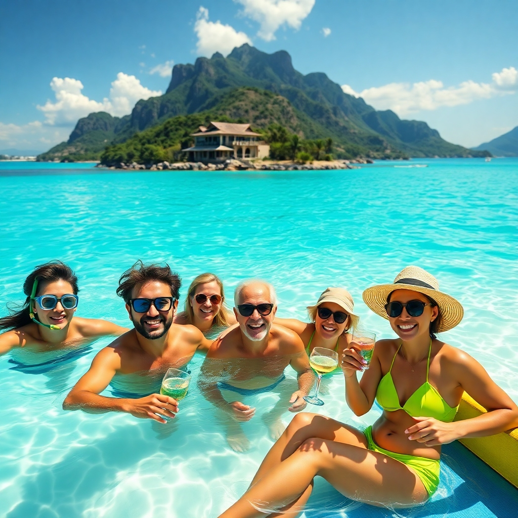 A photorealistic image of a diverse group of happy people enjoying different activities on a luxurious vacation; perhaps one is snorkeling in crystal-clear turquoise water, another is hiking a scenic mountain trail, and another is relaxing on a pristine beach with cocktails.  The overall feeling should be one of joy, adventure, and relaxation. High resolution, vibrant colors, and sharp details are essential. The image should have a cinematic, high-end look and feel, suitable for a travel brochure or magazine.