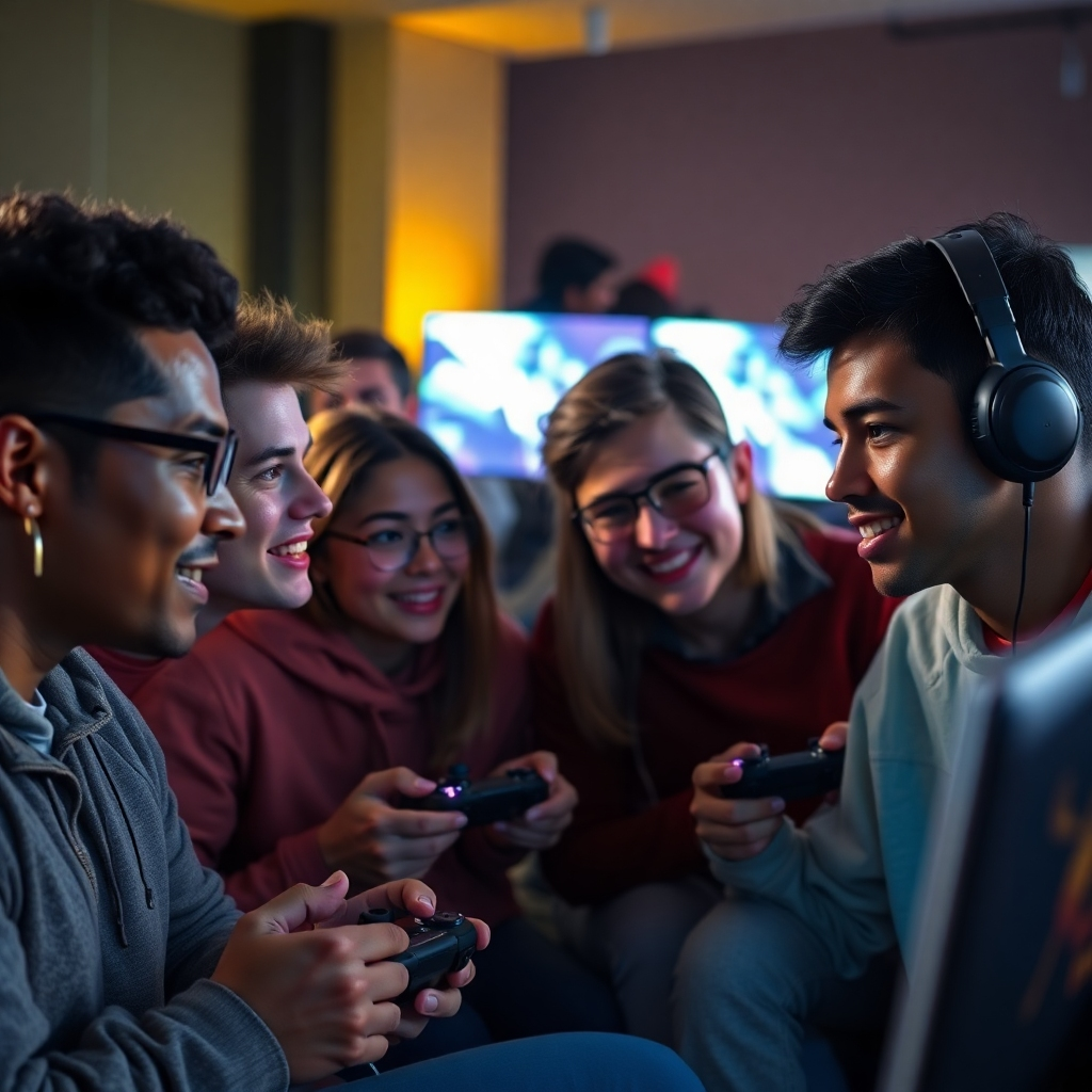 A photorealistic image of a diverse group of friends intensely engaged in an online video game, each person focused on their screen. The scene should be vibrant and dynamic, showing glowing screens, gaming controllers, and subtle expressions of excitement, concentration, and team work on their faces.  The background could subtly show elements of the game's environment.