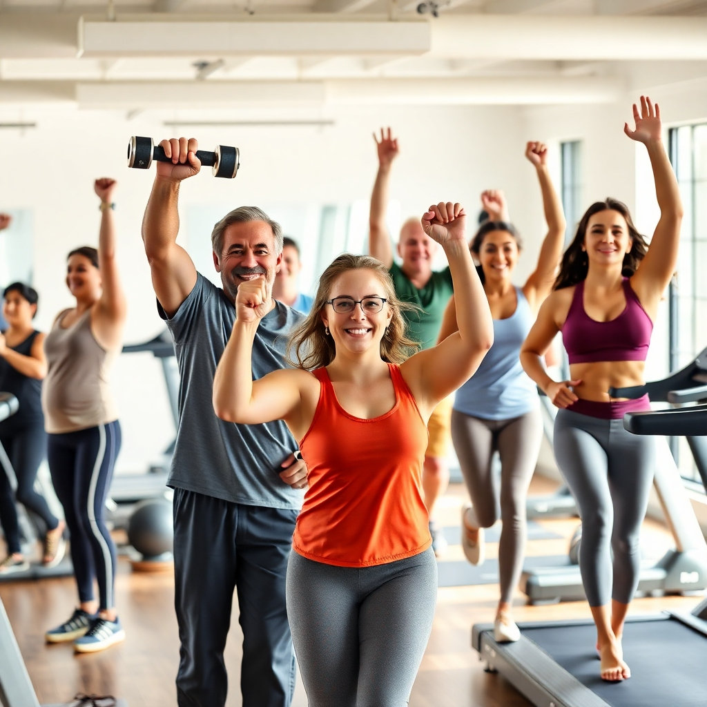 A photorealistic image of a diverse group of people of different ages and body types, successfully completing various fitness challenges, like lifting weights, doing yoga poses, and running on a treadmill.  The setting is a bright and clean gym, filled with positive energy. High-resolution image, emphasizing their expressions of satisfaction and accomplishment.