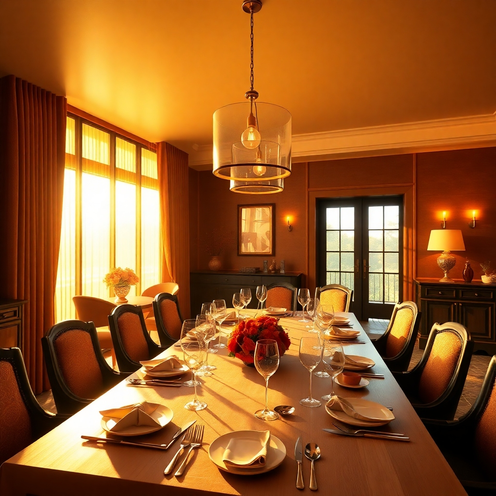 A photorealistic image of a dining room bathed in warm, golden light from a large window and strategically placed pendant lights.  The color palette should be a rich, warm tone with earthy accents. The image should showcase how different lighting and color schemes affect the overall atmosphere and mood, highlighting the use of accent colors and textures to create visual interest and warmth. The dining table should be set with fine china and silverware, further enhancing the luxurious and inviting feel.