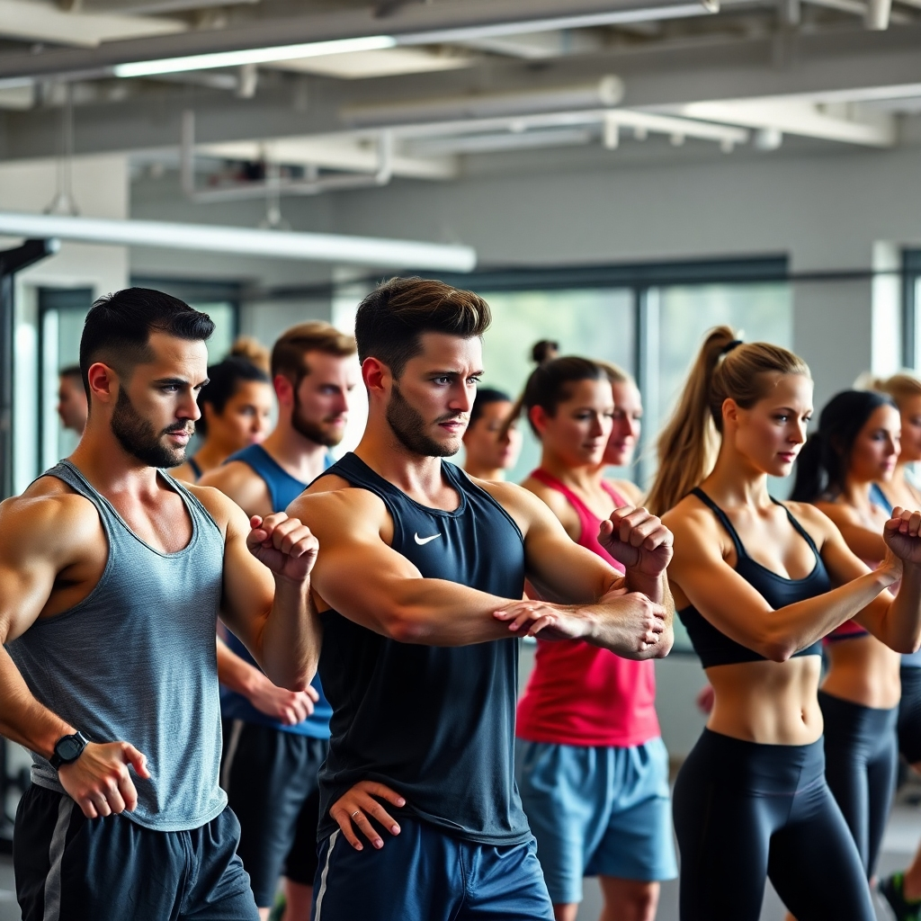 A photorealistic image of a diverse group of athletes—men and women of different ages and body types—engaged in various individualized training exercises.  The background should be a modern, well-equipped gym. Each athlete should be focused on their specific exercise with a personal trainer providing guidance. The lighting should be bright and natural, highlighting the athletes' determination and the intensity of their workouts. The overall mood should be energetic and positive.
