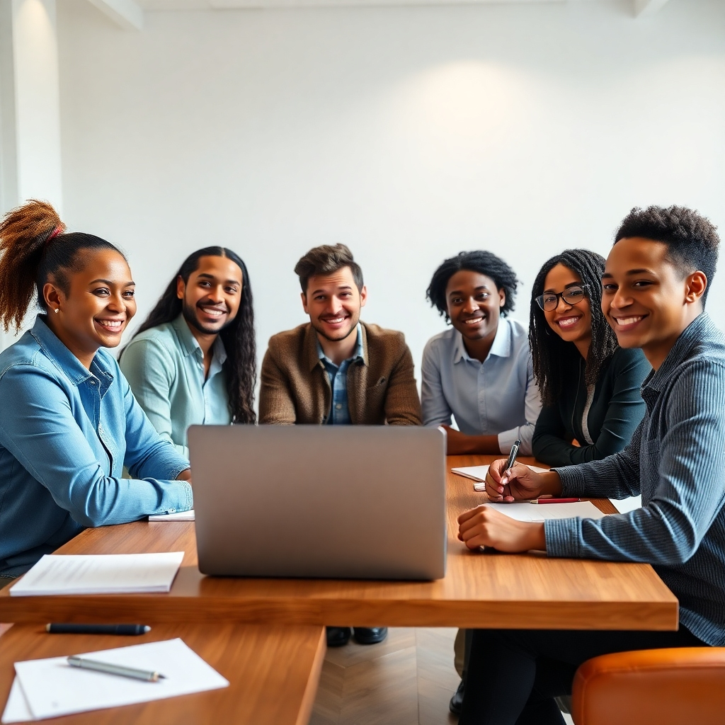 A photorealistic image of a diverse group of people, smiling and engaged, sitting around a table during a career coaching session.  The table is adorned with notebooks, pens, and a laptop displaying a motivational graph. The setting should be bright, modern, and inviting, conveying a sense of collaboration and discovery.