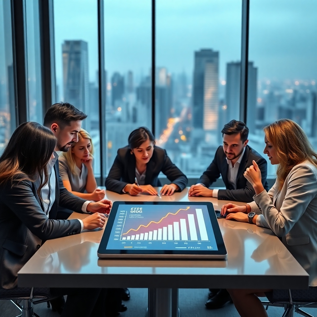 A photorealistic image of a diverse team of business consultants collaborating around a large table, deeply engaged in a discussion.  On the table is a digital tablet displaying a dynamic infographic illustrating a business growth trajectory fueled by technology. The background should be a modern, innovative office space with large windows showcasing a cityscape.