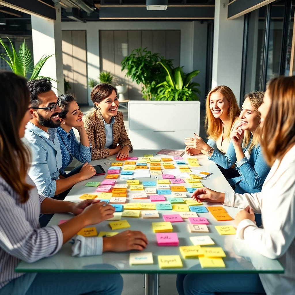 A photorealistic image of a diverse team of social media managers collaborating around a table, brainstorming ideas and laughing. The table is covered in colorful sticky notes with brand logos and slogans. The background is a modern, bright office with plants and natural light. The image should evoke feelings of creativity, collaboration, and positive energy.