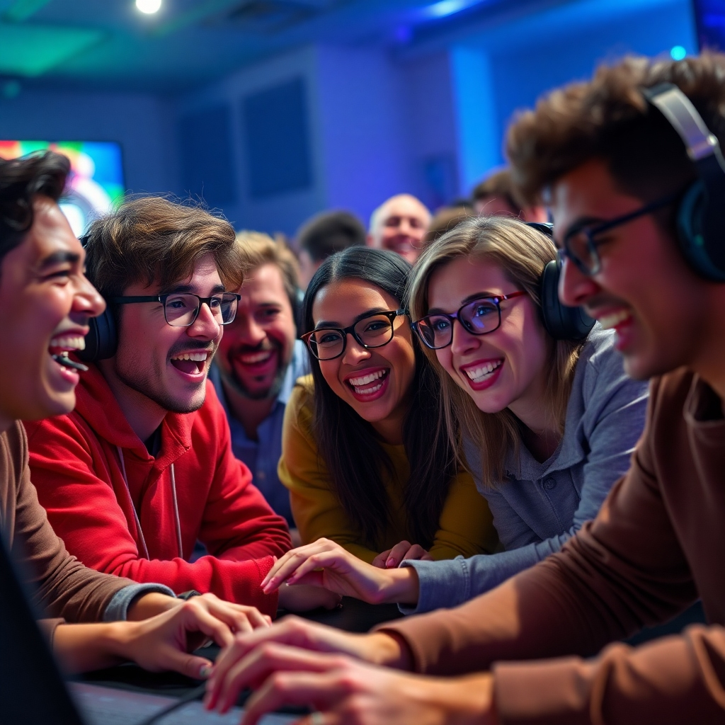 A photorealistic image of a diverse group of friends intensely engaged in a multiplayer online game.  The scene should be vibrant, showing their reactions on their faces, with colorful game elements subtly integrated into the background. The image should portray a sense of excitement, camaraderie, and friendly competition.