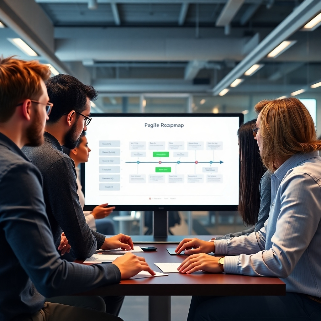 A photorealistic image of a diverse and collaborative software development team working together in a modern office space.  They are using a large screen to display a project roadmap, with the Agile methodology clearly indicated as the chosen approach.  The image should evoke a sense of teamwork and efficiency.