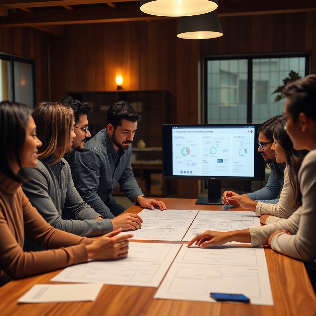 A photorealistic image of a diverse group of people collaborating around a large table, examining user journey maps and wireframes on a screen, with a warm and inviting atmosphere. Focus on their expressions of collaboration and engagement.