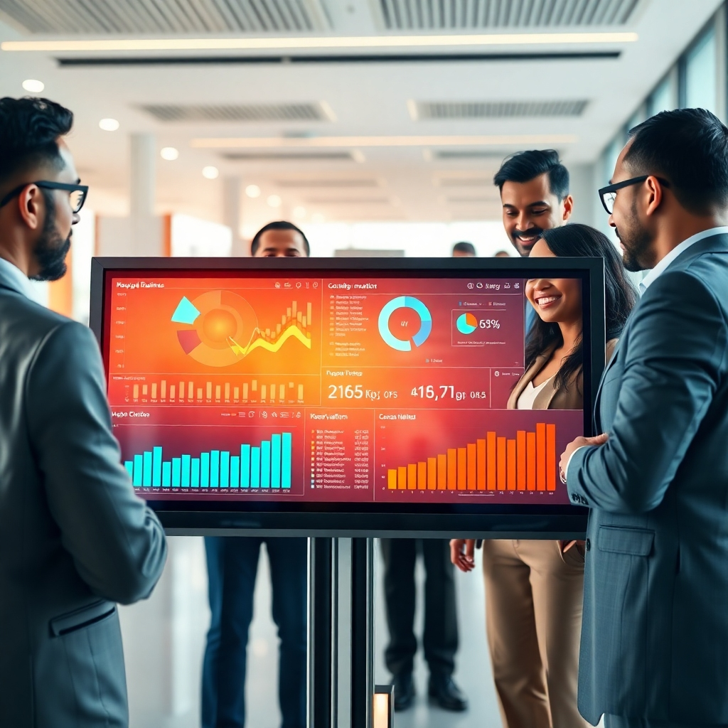 A photorealistic image of a diverse team of business consultants gathered around a large touch screen displaying interactive charts and graphs representing key business metrics. The scene should be modern and bright, conveying a sense of collaboration and data analysis. The focus should be on the screen's data visualization, with the team subtly visible in the background, looking engaged and professional.