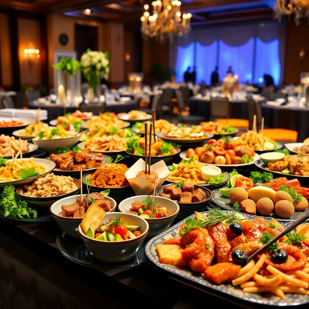 A photorealistic image of a diverse spread of gourmet catering dishes artfully arranged on elegant platters, showcasing a variety of cuisines, colors and textures.  The setting should be a beautifully decorated event space, subtly visible in the background. The lighting is warm and inviting, highlighting the freshness and quality of the food.  Focus on the visual appeal and variety.