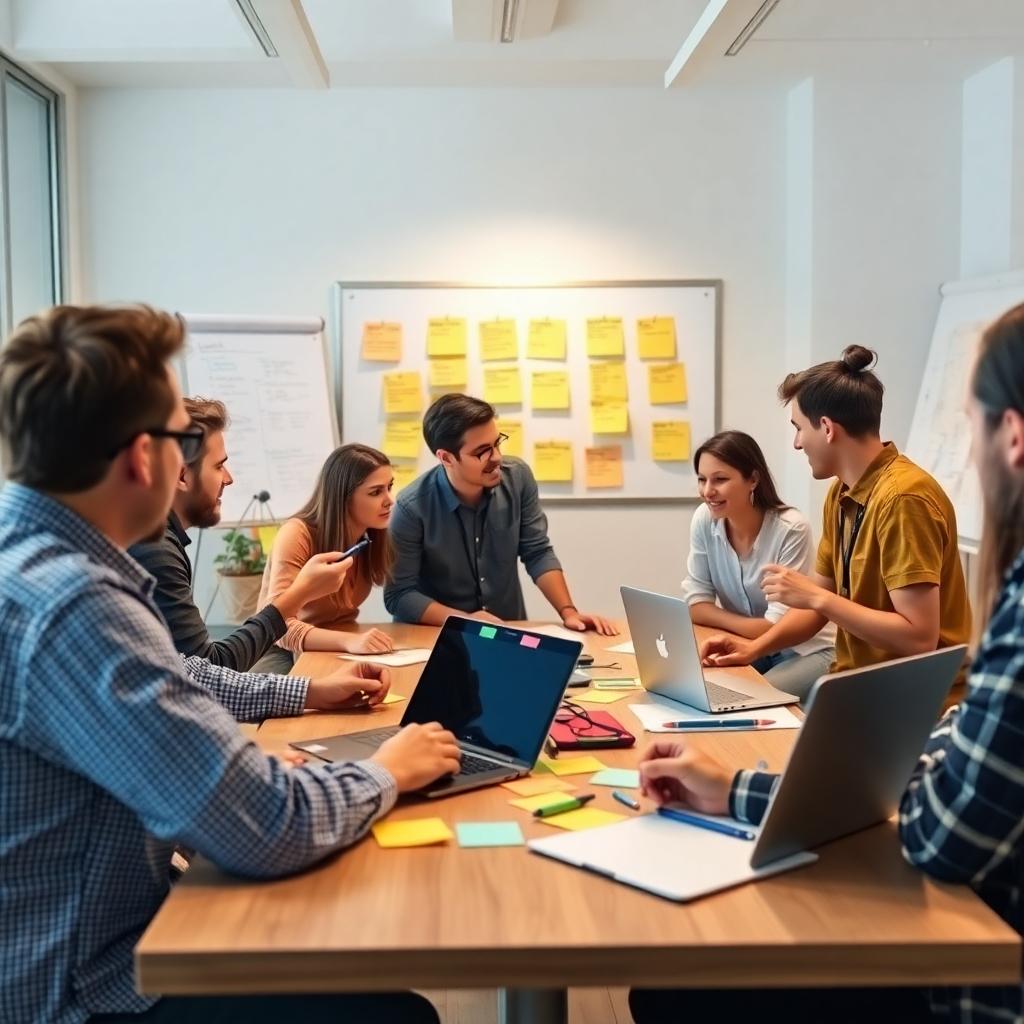 A photorealistic image of a diverse team of software developers collaborating around a table.  They are actively engaged in a brainstorming session, using whiteboards, sticky notes, and laptops.  The room should be bright and modern, with visible elements suggesting an Agile methodology, such as a Kanban board or a Scrum task board. The mood should be energetic and collaborative.