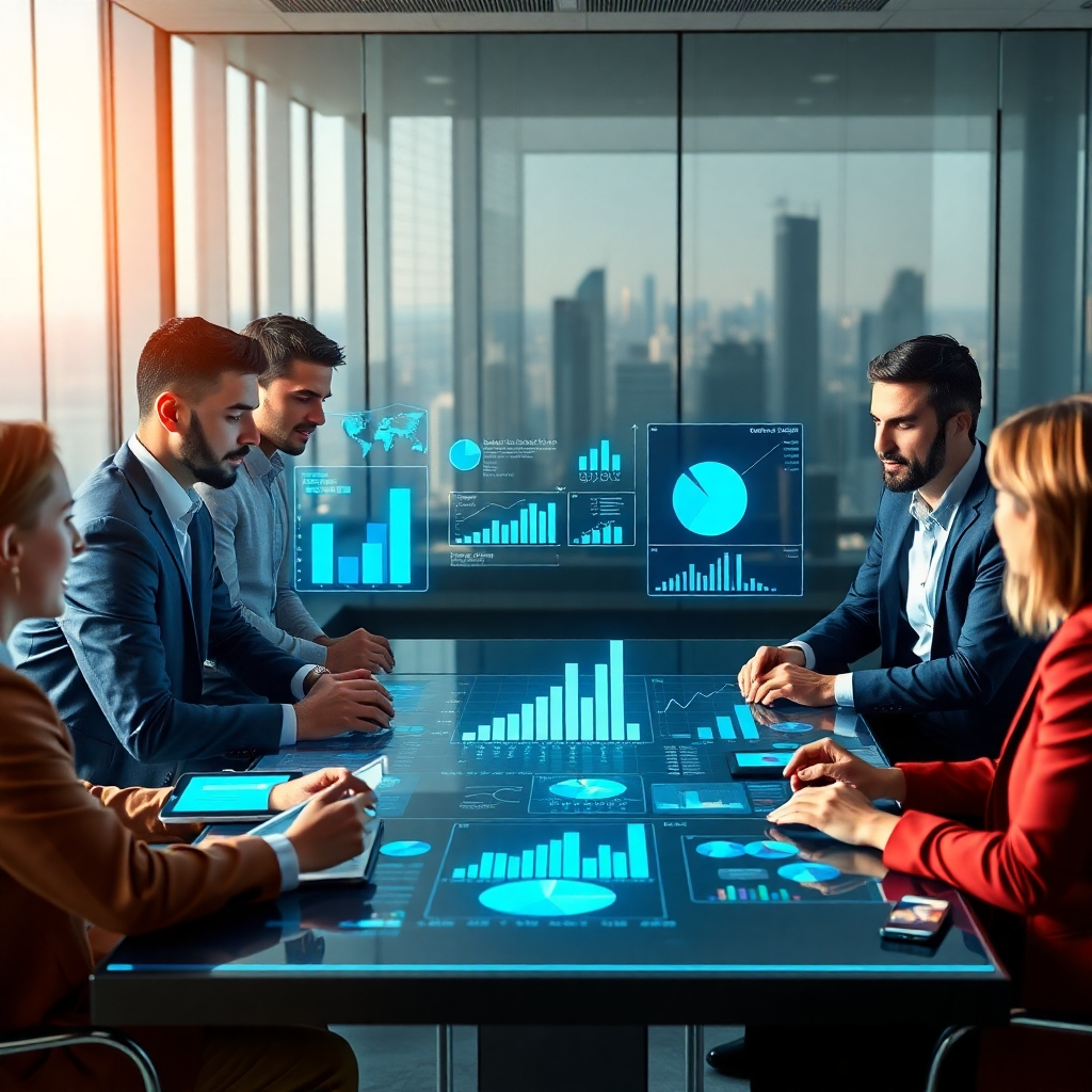 A photorealistic image of a diverse team of business professionals sitting around a large table, deeply engaged with interactive holographic data projections displaying charts and graphs related to market analysis and business growth. The scene should be bright and modern, showcasing a collaborative and technologically advanced atmosphere. The background should subtly feature a cityscape to emphasize a global business context.