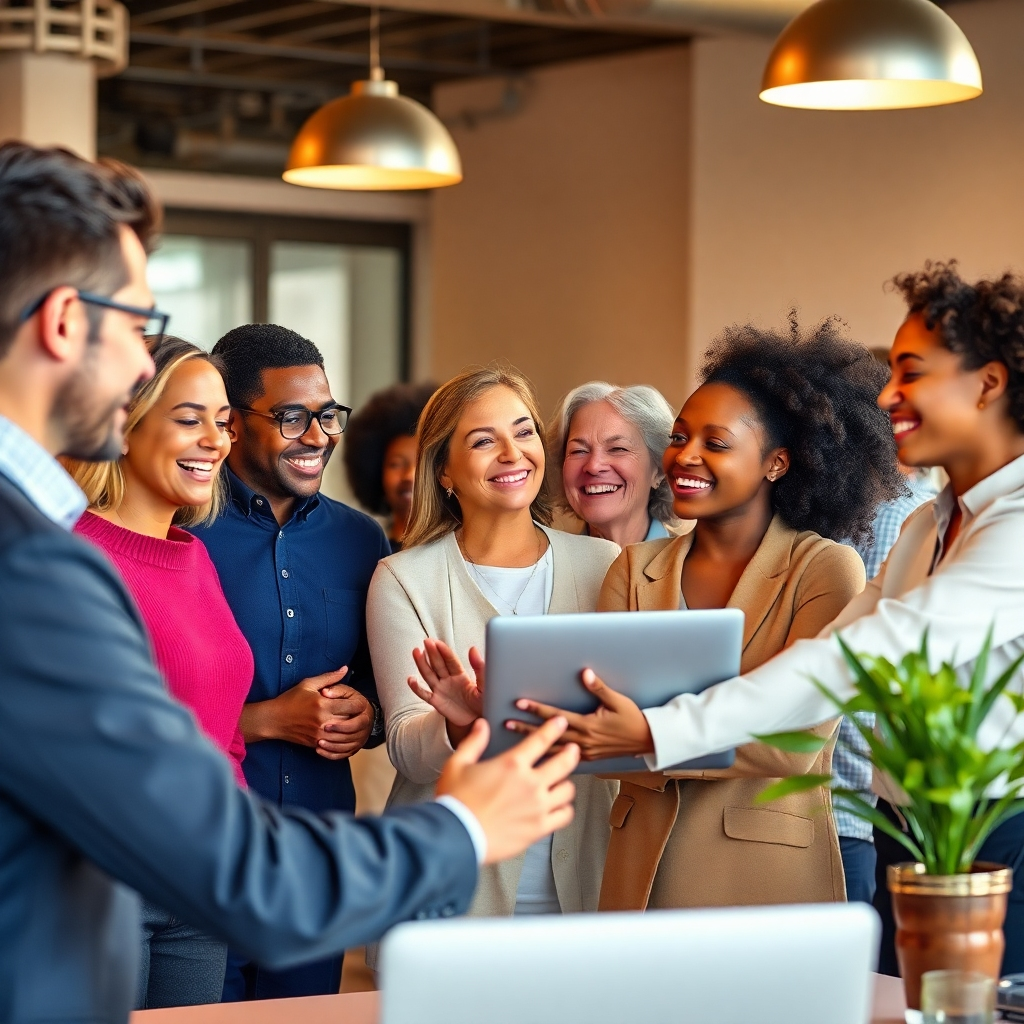 A photorealistic image of a diverse group of people supporting and encouraging each other in a collaborative workspace. The image should convey a feeling of empowerment, teamwork, and mutual respect. The setting could be a modern office or a collaborative co-working space with people of different ages and backgrounds engaged in positive interactions. The lighting should be warm and inviting.
