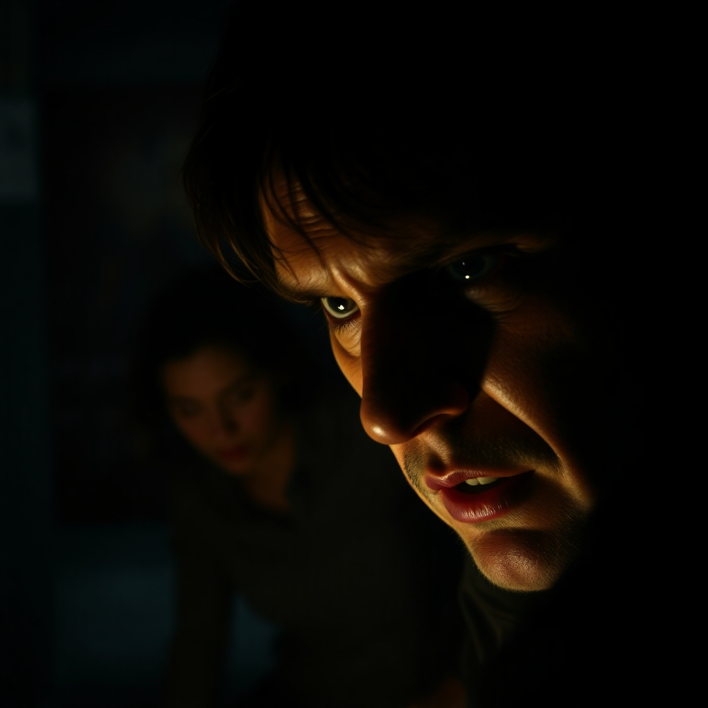 A photorealistic image of a dimly lit scene, featuring a suspenseful moment from a movie.  The focus should be on a character's intense facial expression, as if facing an imminent threat or a difficult decision. Dramatic lighting, shadows, and a blurred background indicating movement are essential to enhance the feeling of tension. The overall mood should be suspenseful and unsettling.