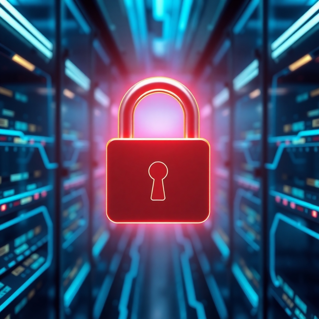 A photorealistic image of a digital padlock icon superimposed over a stylized representation of data files, all within a secure server environment depicted by glowing blue lines. The image should be clean, modern, and technologically advanced, conveying a sense of high-level security and data protection.