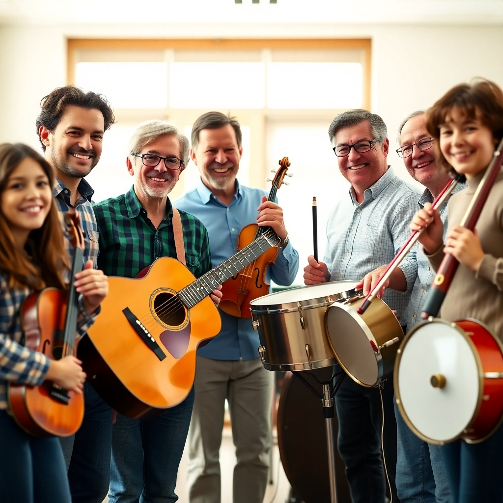 A photorealistic image of a diverse group of people, young and old, happily holding and interacting with various musical instruments, such as a guitar, piano, violin, drums, and flute, in a bright, welcoming music classroom.  The instruments should be clean and well-maintained, and the people should appear engaged and excited.  The background should be slightly blurred but show a bright and airy room with natural light streaming in.