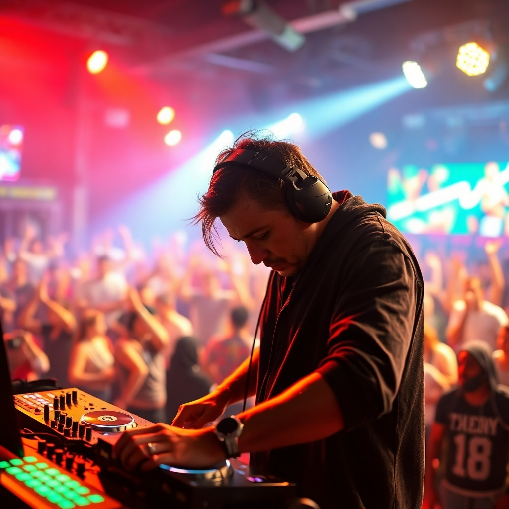 A photorealistic image of a DJ intensely focused on their equipment during a high-energy set, the crowd in the background is blurred but shows vibrant colors and motion, capturing the euphoric moment of a beat drop.  The DJ is illuminated by stage lights, sweat on their brow, and the scene is filled with dynamic energy.  Focus on capturing the raw emotion of the moment and the connection between the DJ and the audience.