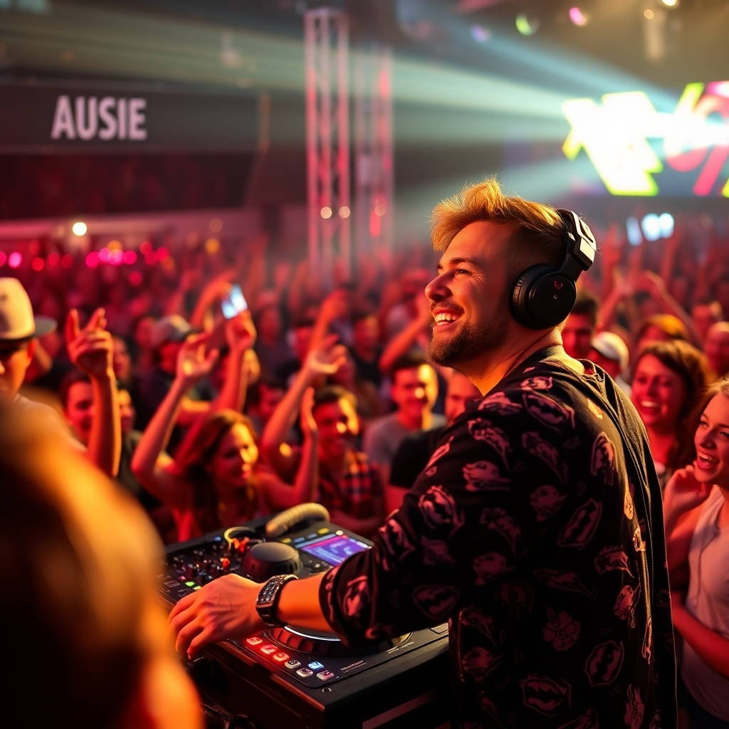 A photorealistic image of a DJ interacting with the enthusiastic crowd at a music festival. Show the DJ smiling, engaging with fans, and creating a feeling of shared joy and excitement. The crowd should be diverse and energetic, with a clear sense of community and connection. Pay attention to the lighting and overall atmosphere to evoke a sense of shared experience and celebration.