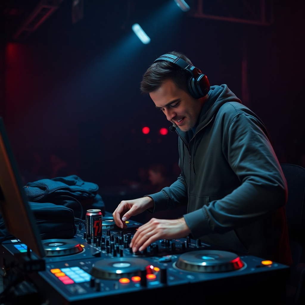 A photorealistic image of a DJ packing up their equipment in a dimly lit venue after a late-night performance. The equipment is detailed, showing wear and tear, highlighting the constant demands of a DJ's life on the road.  Include subtle details like empty energy drink cans, a travel bag, and a tired but satisfied expression on the DJ's face. Emphasize realism and the unglamorous side of DJing.
